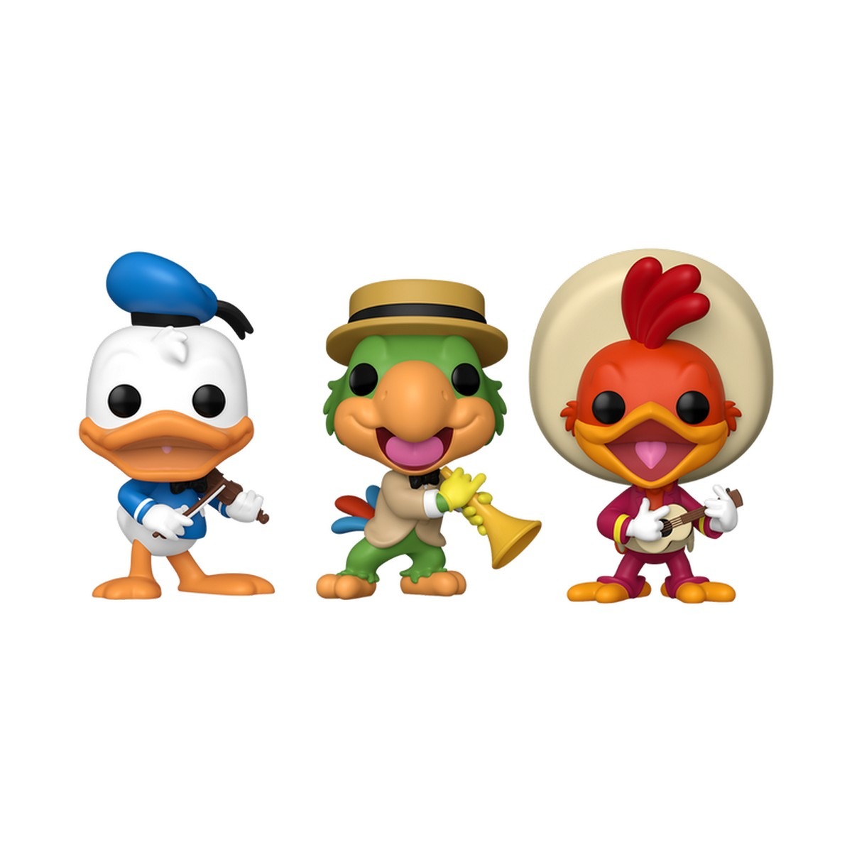Funko Pop Three Caballeros figuras Donald con violín, José Carioca con trompeta y Panchito con guitarra sobre fondo blanco