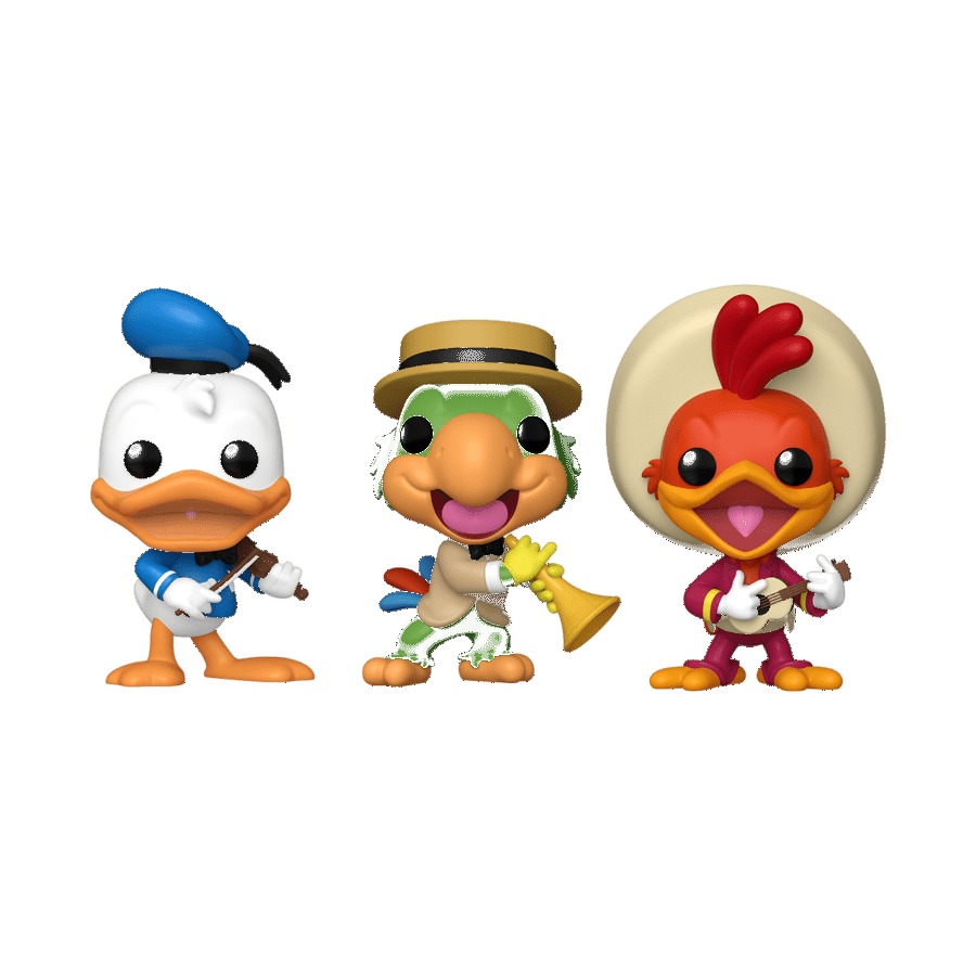 Trio Funko Pop Three Caballeros Donald José Carioca Panchito con instrumentos sobre fondo blanco