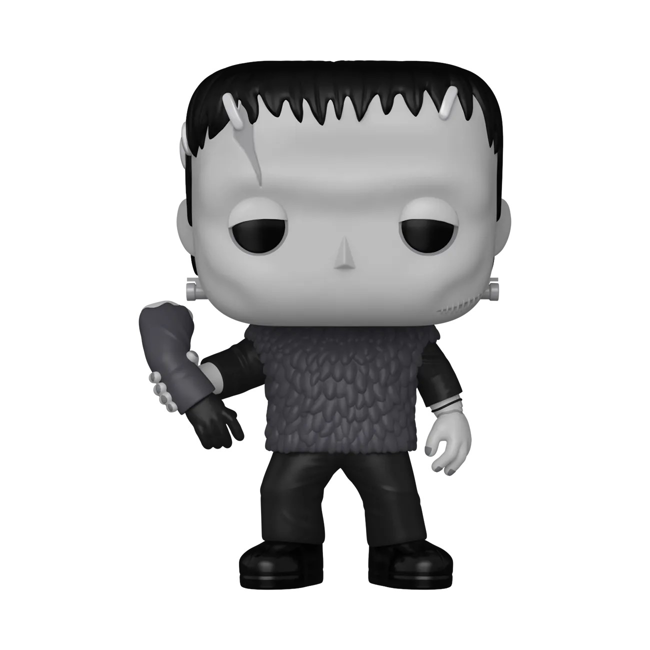 Funko Pop Frankenstein 95th Anniversary 2141 de Universal Monsters en escala de grises sosteniendo un brazo ortopédico