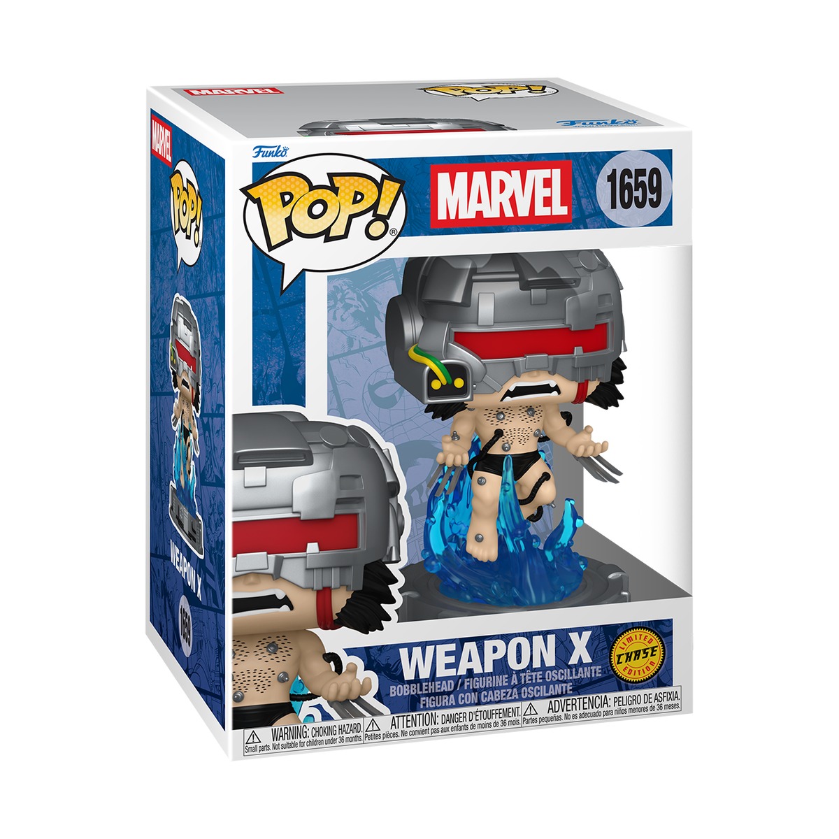 Caja Funko Pop Marvel Weapon X Premium #1659 Chase casco arte oficial fondo blanco