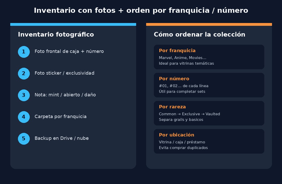 Pasos de inventario fotográfico y formas de ordenar colección Funko Pop por franquicia, número, rareza o ubicación