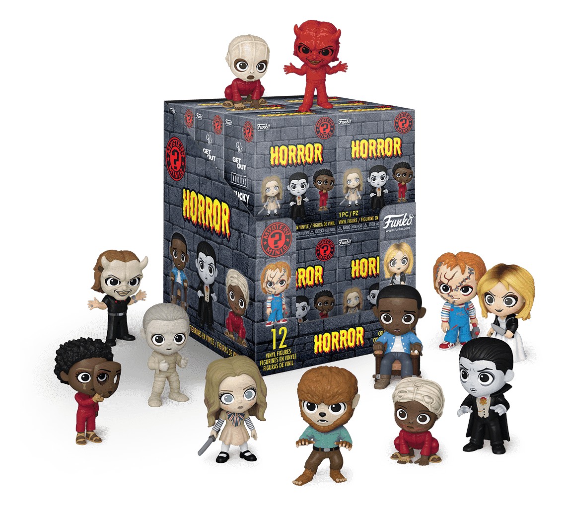 Cajas ciegas Funko Mystery Minis Universal Horror con display y minifiguras de Chucky, M3GAN y monstruos clásicos