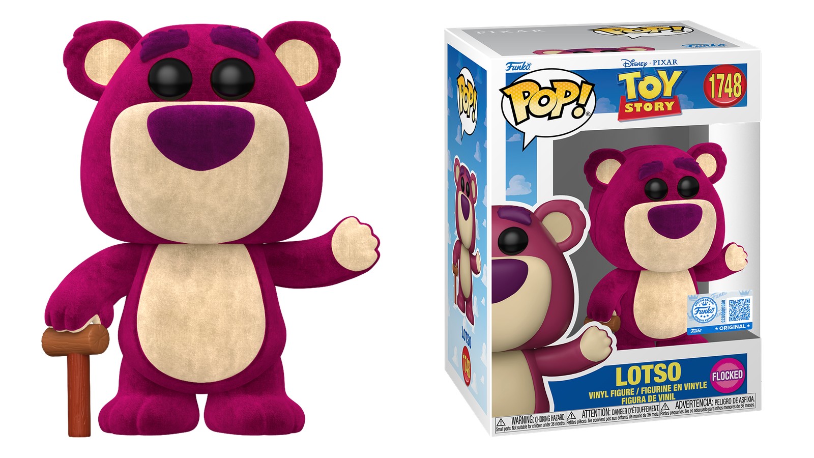 Funko Pop Lotso Flocked #1748 de Toy Story, figura y caja con etiqueta Flocked