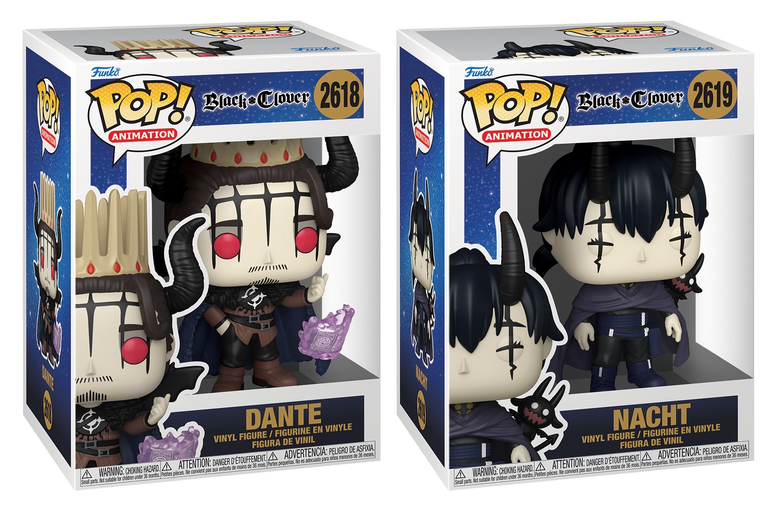 Cajas Funko Pop Dante 2618 y Nacht 2619 de Black Clover en la línea Pop! Animation, números correlativos