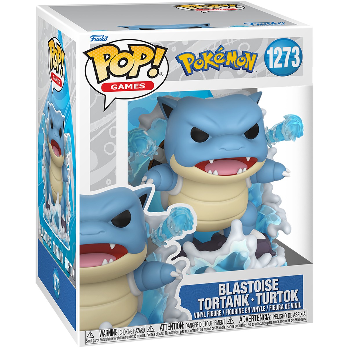 Caja del Funko Pop Premium Blastoise 1273 de Pokémon con nombres Blastoise, Tortank y Turtok, fondo blanco