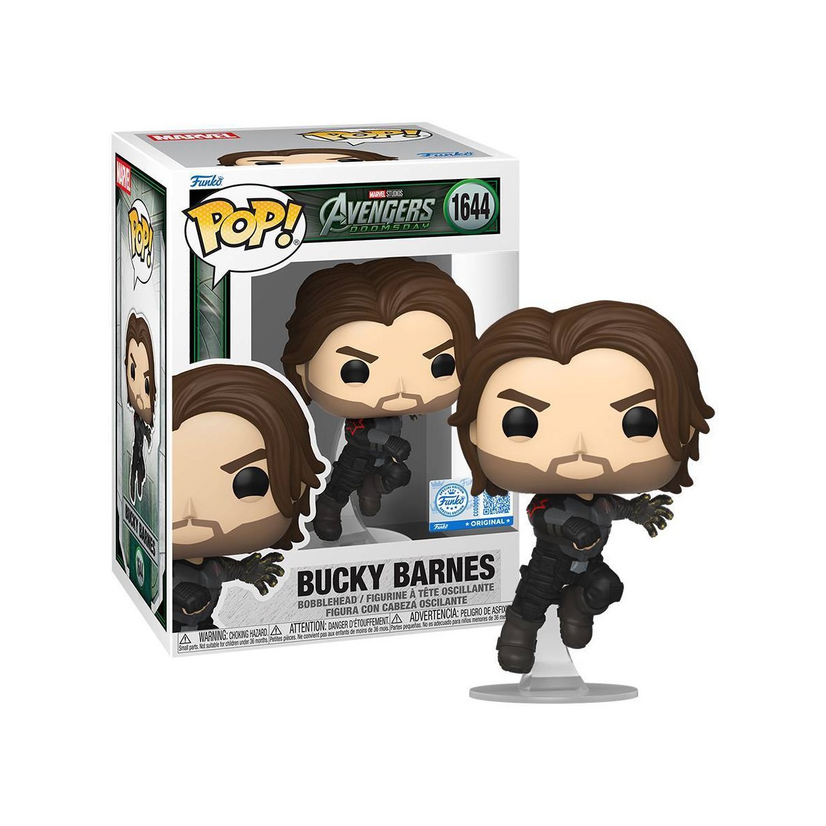 Funko Pop Bucky Barnes #1644 Avengers Doomsday caja Special Edition Target Exclusive con figura fuera de caja fondo blanco Funko Pop Bucky Barnes #1644 Avengers Doomsday caja Special Edition Target Exclusive con figura fuera de caja fondo blanco