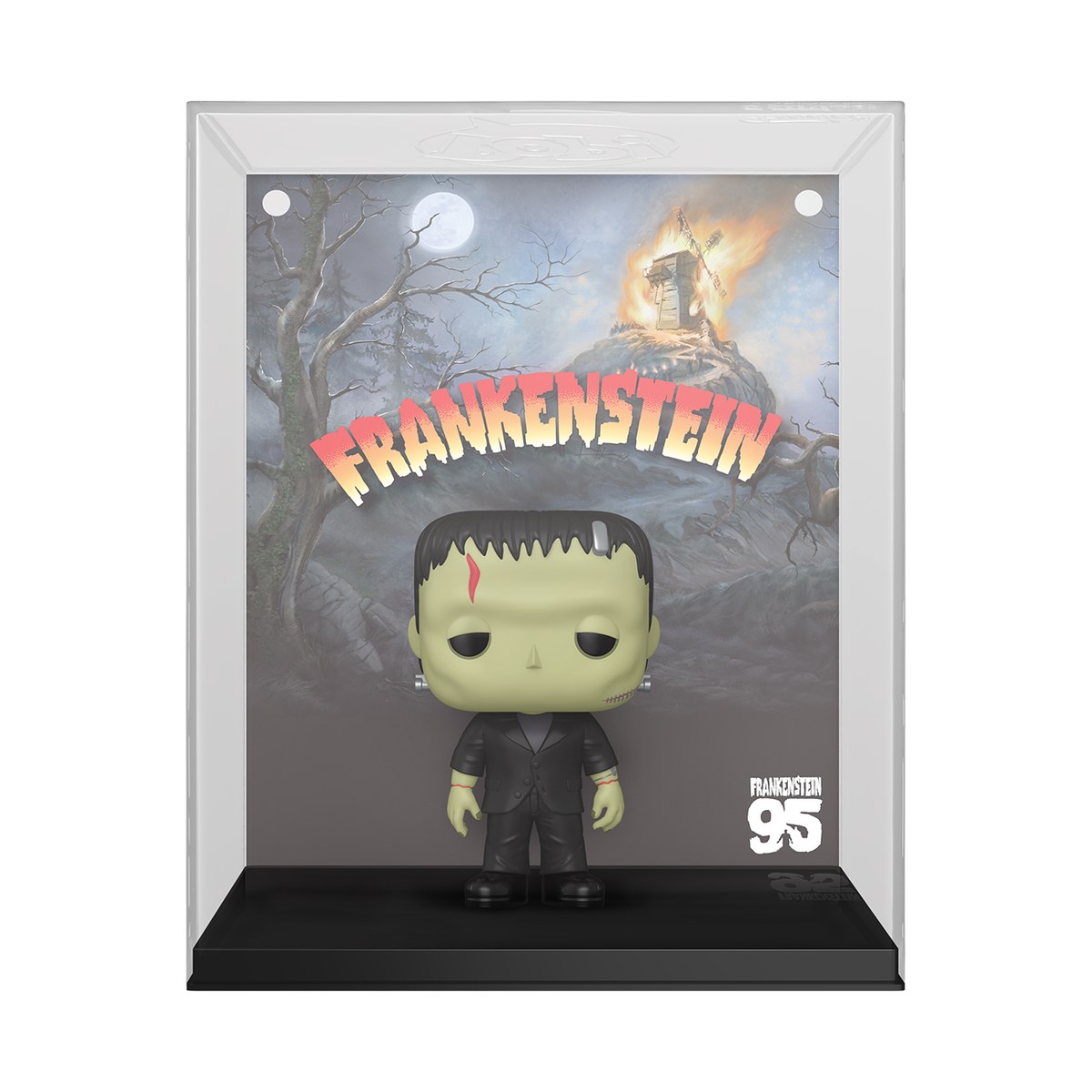 Funko Pop VHS Covers Frankenstein 95th Anniversary: monstruo de 1931 a color frente a portada con molino en llamas, en estuche acrílico
