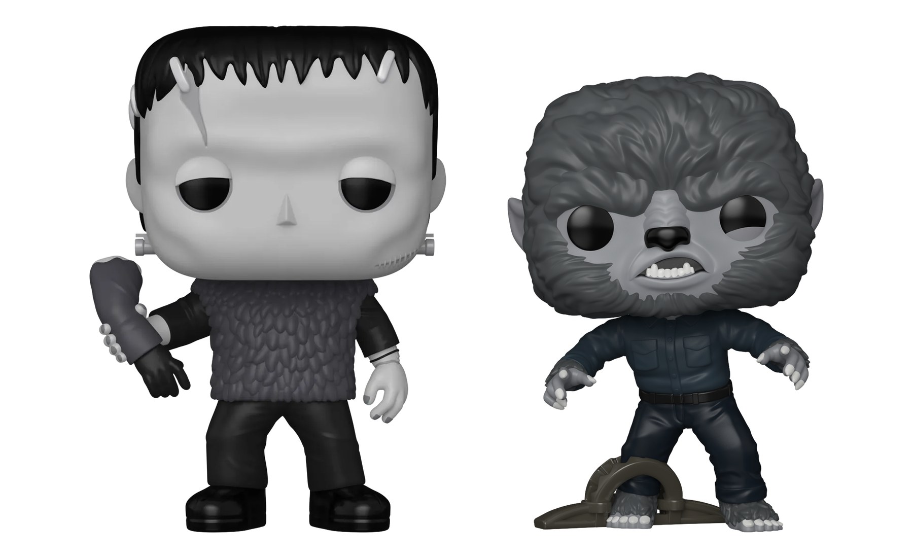 Funko Pop Frankenstein 2141 en escala de grises con chaleco de lana y brazo de Krogh junto a Funko Pop The Wolfman 2148 con trampa para osos, fondo blanco