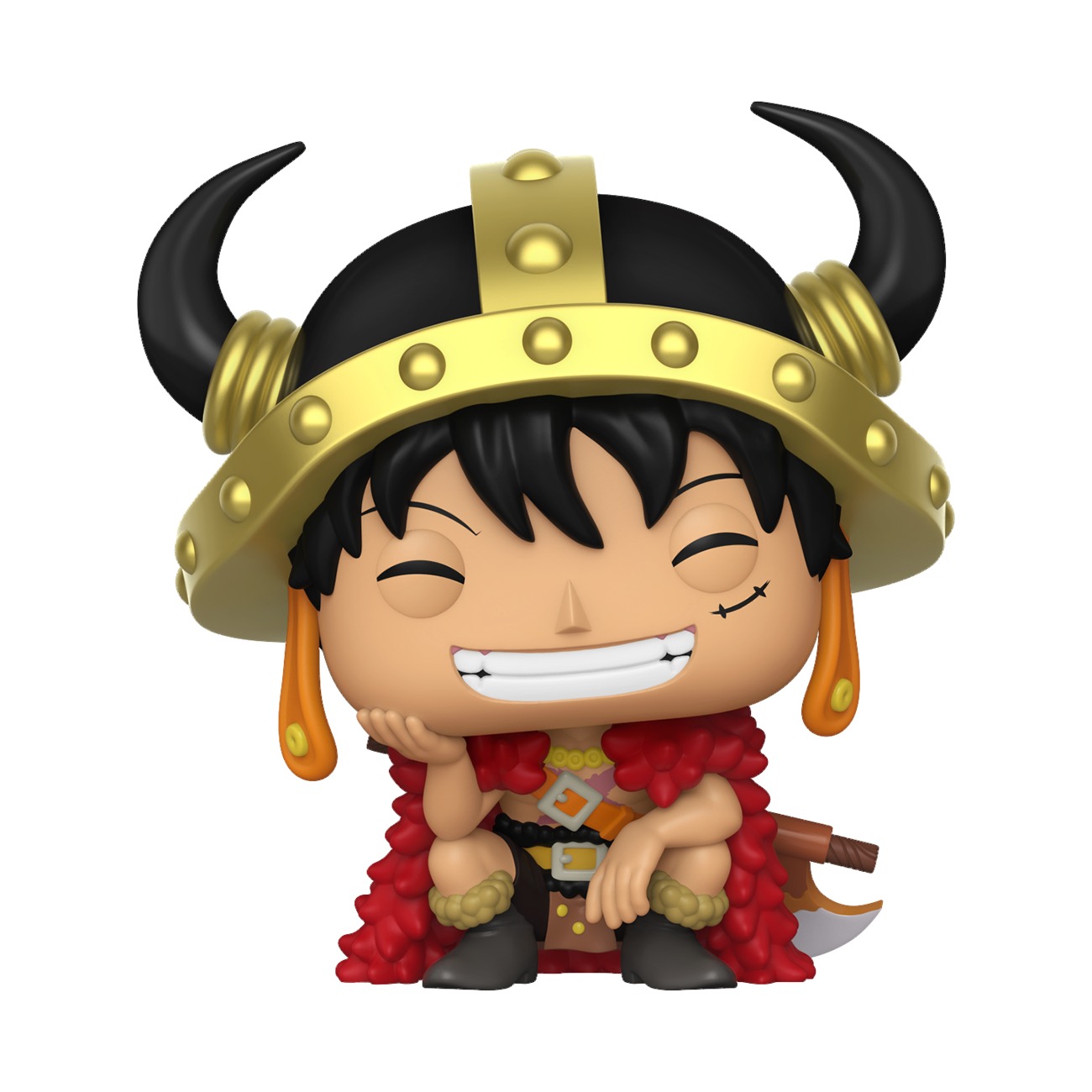 Funko Pop Luffy Elbaph #2569 figura común sentado con casco vikingo dorado y capa roja fondo blanco