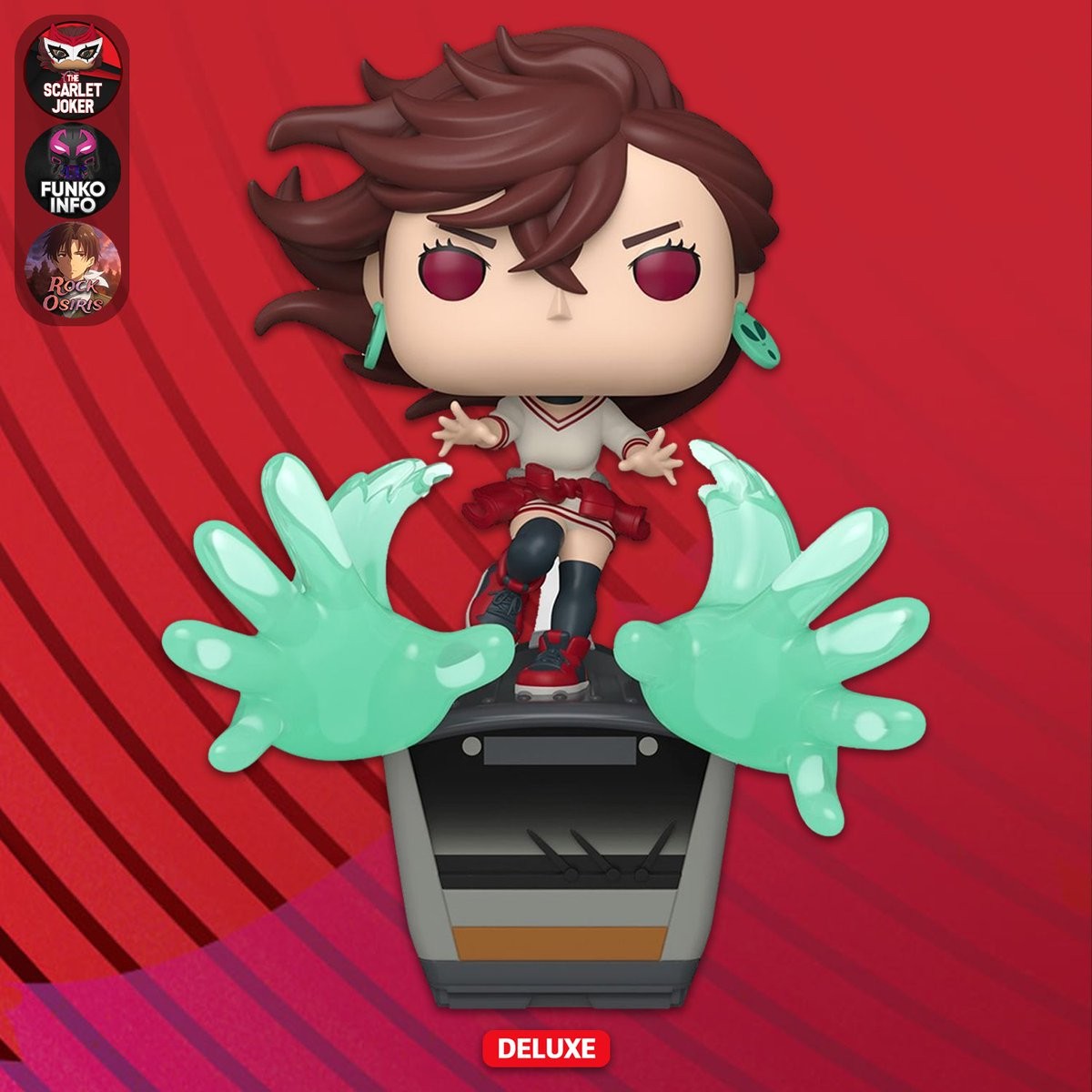 Funko Pop Deluxe Momo 2628 de Dandadan con manos psíquicas translúcidas verde agua sobre su base, render oficial Funko Pop Deluxe Momo 2628 de Dandadan con manos psíquicas translúcidas verde agua sobre su base, render oficial