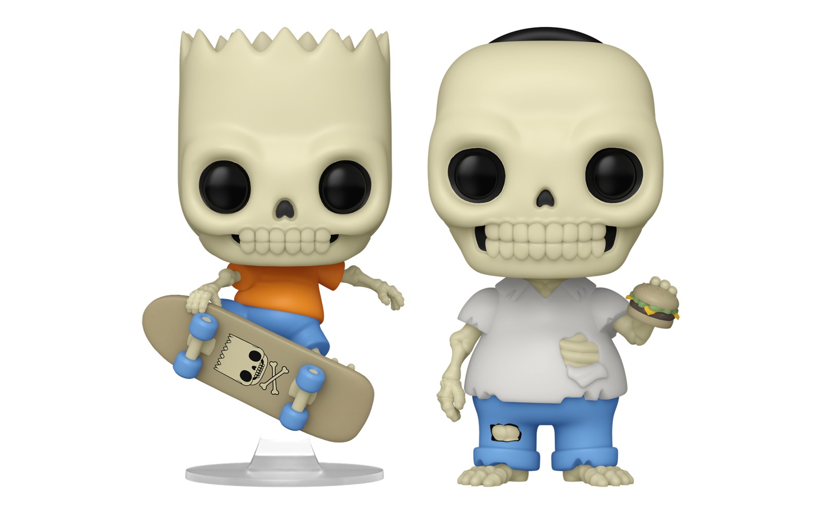 Funko Pop Skeleton Bart 1947 y Skeleton Homer 1948 de Los Simpson fuera de caja, Homero esqueleto con hamburguesa, fondo blanco Funko Pop Skeleton Bart 1947 y Skeleton Homer 1948 de Los Simpson fuera de caja, Homero esqueleto con hamburguesa, fondo blanco